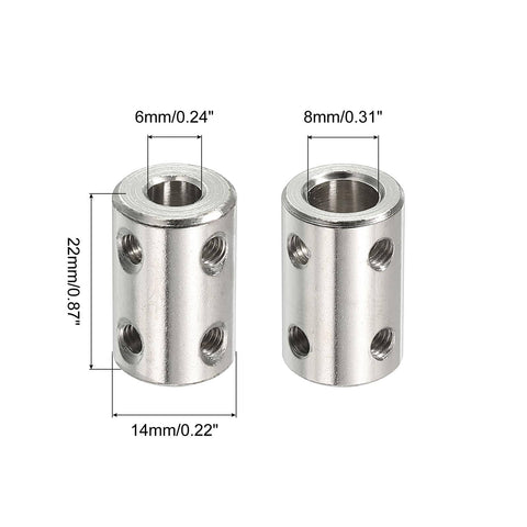 Stainless Steel Shaft Coupler Connector L22 X D14 6mm To 8mm Bore Rigid Coupling With Screw For 3D Printers Diy Projects Motors And Fully Threaded Rods Silver 4 Pack angled view showing dimensions