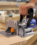 No Sweat Lightweight Electric Biscuit Jointer 760W in use cutting a slot in wood for miter corner frame joints.