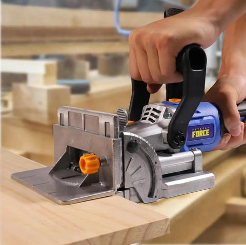 No Sweat Lightweight Electric Biscuit Jointer 760W in use cutting a slot in wood for miter corner frame joints.