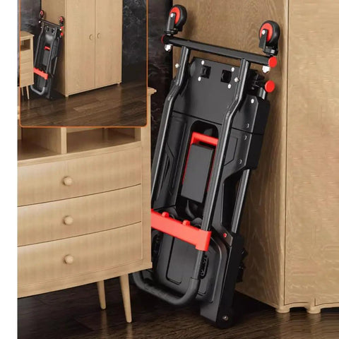 Compact Portable Flatbed Hand Truck Dolly For Home Moving And Hauling Of Luggage Boxes Groceries And More With Foldable Flatbed And Trolley Modes Lightweight Alloy Frame And Easy Lift Handle Hauls Like A Boss, folded against wardrobe