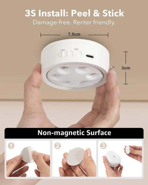 Rechargeable Puck Lights With Remote Control 2400mAh USB C Rechargeable Tap Lights Magnetic Under Cabinet