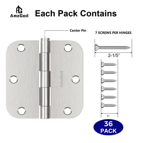 Pro Grade Interior Door Hinges 36 Pack Satin Nickel 3.5 Inch Set 5/8 Radius with mounting screws and specifications.