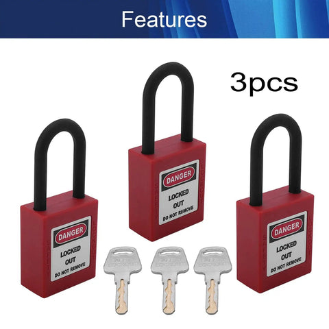 3 Pack Lockout Tagout Safety Padlocks, Keyed Alike LOTO Locks With Steel Shackle, Red Compact Padlocks shown with keys