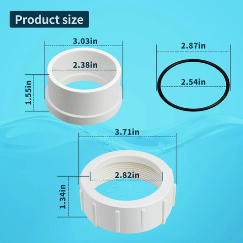 Three white PVC pool union components: half-union adapter, threaded nut, and black O-ring.