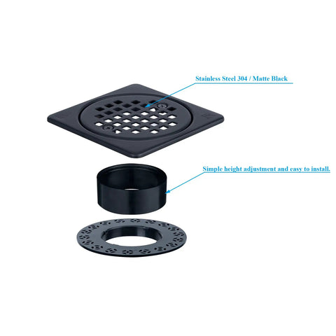 Square 4 Inch Shower Drain Kit With Flange In Matte Black 304 Stainless Steel Grate Replacement Compatible With Schluter Kerdi Systems Includes Drain Grate Set Height Adjustment Collar And Flange CUPC Certified