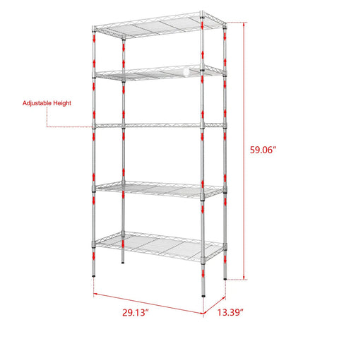Heavy Duty Five Tier Wire Shelving Unit Kickass Storage Rack With Fully Adjustable Shelves For Kitchen Garage And Pantry Organization Keep Your Space Clean In Sleek Silver Gray 29 X 13 X 59 Inches with adjustable height feature.