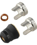 Top Notch Compatible Plasma Torch Consumables Set For IPT40 PT40 IPT45 And PT60 Cutters featuring two metal shield cups and a swirl ring.