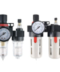 Duplex Pneumatic Filter Regulator With Automatic Drain For Air Compressors, showcasing dual gauge and copper filter components.