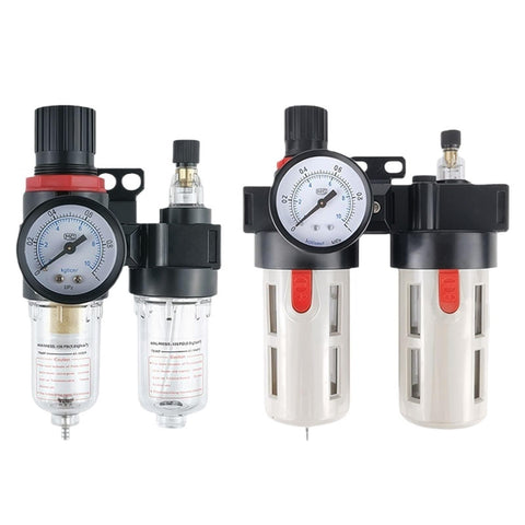 Duplex Pneumatic Filter Regulator With Automatic Drain For Air Compressors, showcasing dual gauge and copper filter components.