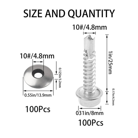 Heavy Duty Number 10 X 1 Inch Self Drilling Screws With Rainproof EPDM Washers For Metal Roofs And Fences Rust Resistant 410 Steel Hex Point Tek Fasteners showing sizes and quantity.