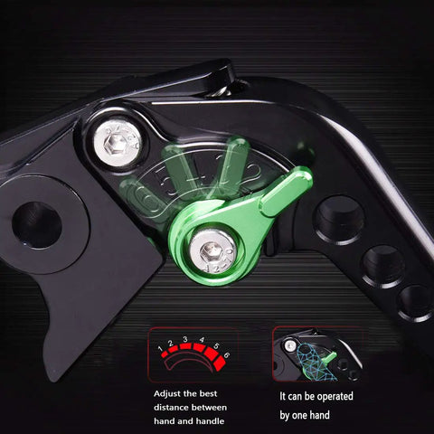 Adjustable Short Brake And Clutch Levers For Kawasaki Z900 Ninja 650 Z650 ergonomic adjustment detail in black and green aluminum.