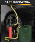 Manual Liquid Transfer Pump Siphon Kit for Water Fuel Oil RV Antifreeze next to car wheel and gas can, easy setup hose connection