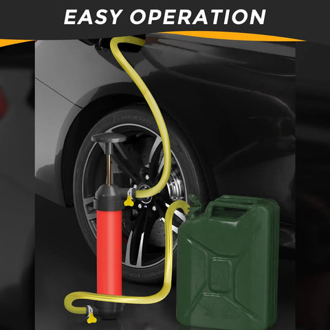 Manual Liquid Transfer Pump Siphon Kit for Water Fuel Oil RV Antifreeze next to car wheel and gas can, easy setup hose connection