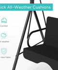Outdoor Patio Swing Chair With Adjustable Canopy And Heavy Duty Stand For Three Adults, seat detail with black cushions