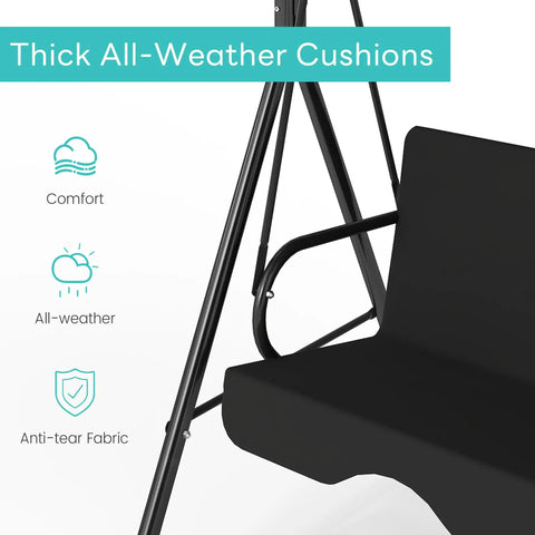 Outdoor Patio Swing Chair With Adjustable Canopy And Heavy Duty Stand For Three Adults, seat detail with black cushions