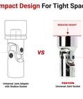 Three Eighths Inch Drive Universal Joint Socket, Pro Grade, With 16 Mm Hex, smooth 4-pin joint vs 2-pin design
