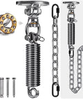 Beefed Up Hammock Chair Hanging Kit with stainless steel 304 swing hanger, silent swivel bearings, heavy spring, and chain, ceiling mount.