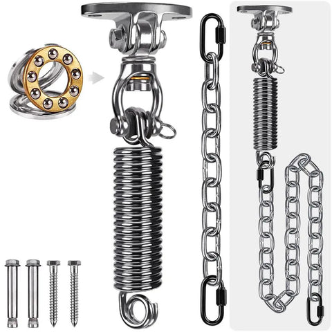 Beefed Up Hammock Chair Hanging Kit with stainless steel 304 swing hanger, silent swivel bearings, heavy spring, and chain, ceiling mount.