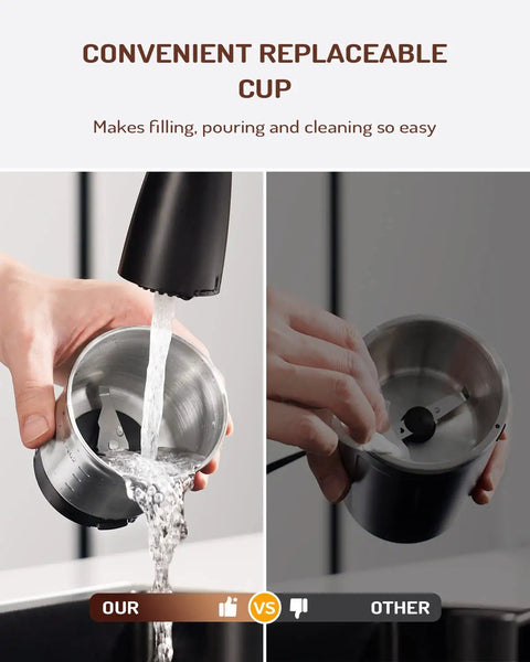 Electric Super Silent Blade Coffee Grinder With Timed Grind Control Rotary Knob, removable stainless steel cup cleaning
