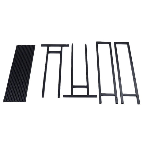 Heavy Duty Metal 3D Printer Filament Rack 7 Tier Holds 84 Spools parts laid out for assembly, featuring black steel materials.