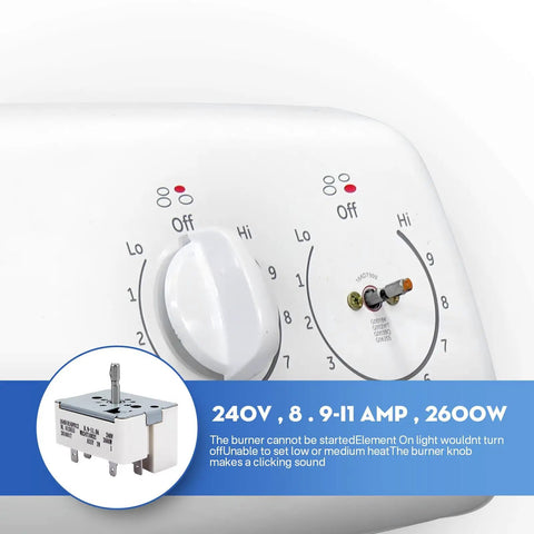 8 Inch Electric Range Burner Infinite Control Switch Replacement showing 240V 8.9-11.0A switch details