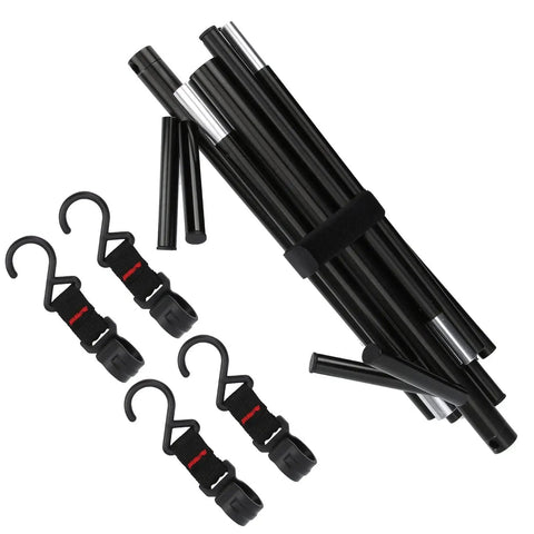 Components of Ultra Portable Triangular Outdoor Storage Rack For Camping And Picnics, including hooks and rods for easy setup