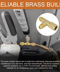 Two Pack Quick Connect AC Valve Core Adapter Tee With One Quarter Inch Brass Fitting shown in use for HVAC maintenance.