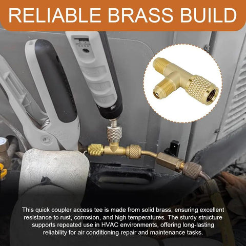 Two Pack Quick Connect AC Valve Core Adapter Tee With One Quarter Inch Brass Fitting shown in use for HVAC maintenance.