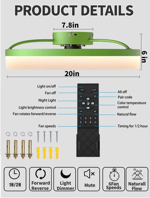 Super Quiet Modern Ceiling Fan With Dimmable LED Lights Remote Control Timing And Reversible Blades Low Profile Flush Mount Five Invisible Blades Green Finish For Living Room Bedroom Comfort