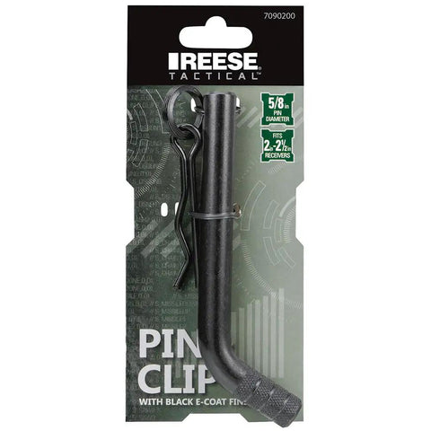 Black Tactical E Coat Pin And Clip For Five Eighth Inch Receiver Pull Pin Style With Rugged Knurled Texture Tough Tow Accessory Fits Tactical Collection Vehicle Specific Receivers packaged on card