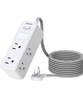 Badass Us Plug Ac Outlet Multitap Power Strip With Five Ft Extension Cord and Heavy Duty Surge Protector, white design with gray braided cord.