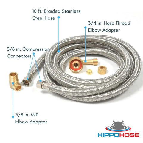 Universal Dishwasher Water Supply Hose Kit 10 Ft Braided Stainless Steel Line with fittings and connectors visible