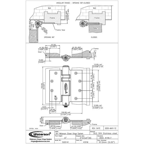 5 Inch Heavy Duty Self Closing Door Hinges 3 Pack Matte Black Full Mortise UL Listed Fire Rated With Adjustable Closing Force And Speed Quiet Spring Hinge No Slam technical drawing with measurements