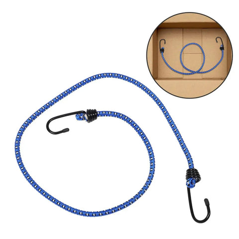 Blue Rubber Bungee Cords With Buckle Hooks For Motorcycle And Bicycle Luggage Tie Down Straps coiled on a box