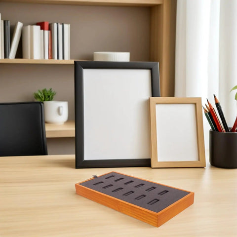 Slick Gray Solid Wood Jewelry Display Tray Featuring 12 Ring Slots Top Shelf Storage Organizer Box displayed on a desk.