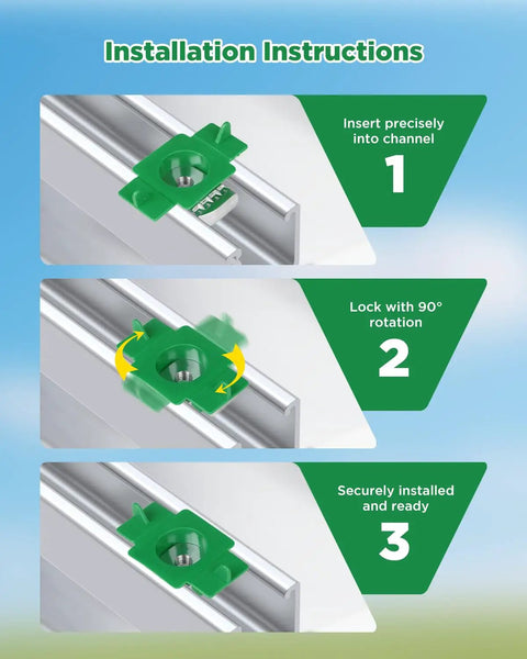1/4-20 Thread Nylon Strut Channel Cone Nuts 10 Piece Set installation guide showing steps to securely insert and lock into channels.