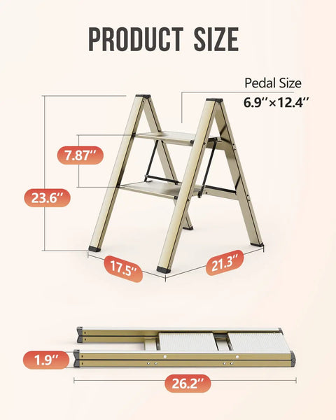 Dimensions of Two Step Aluminum Folding Ladder For Home Use Lightweight Portable Step Stool With Anti Slip Pedals Easy Fold