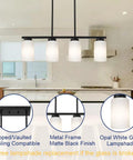 Farmhouse Four Light Pendant Island Light In Black Finish With Opal White Glass Shades for kitchen or dining room ceiling