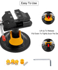 Hella Durable Mini Bench Vise With Bombproof Suction Grip And Flawless 360 Degree Swivel Action, showcasing suction base and clamping mechanism.