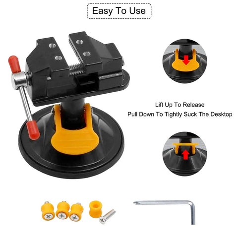Hella Durable Mini Bench Vise With Bombproof Suction Grip And Flawless 360 Degree Swivel Action, showcasing suction base and clamping mechanism.