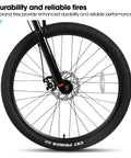 Front wheel of 26 Inch Mountain Bike For Adults With 21 Speed Drivetrain, showcasing durable tire and suspension fork