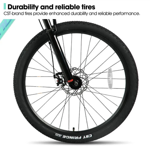 Front wheel of 26 Inch Mountain Bike For Adults With 21 Speed Drivetrain, showcasing durable tire and suspension fork