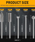 Heavy Duty Wood Carving Drill Bits Set Compatible With Dremel Rotary Tools Five Piece Engraving Kit with size and dimensions displayed.