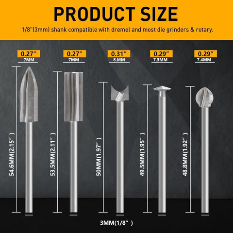 Heavy Duty Wood Carving Drill Bits Set Compatible With Dremel Rotary Tools Five Piece Engraving Kit with size and dimensions displayed.