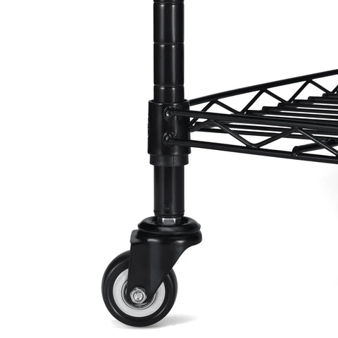 Close-up of a heavy duty rolling caster with a black stem on a wire shelving unit for easy mobility.