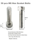 M6x25mm 304 Stainless Steel Hex Socket Cap Head Screws Full Threaded Bulk Kit displayed with dimensions and drive type.