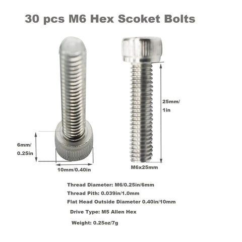 M6x25mm 304 Stainless Steel Hex Socket Cap Head Screws Full Threaded Bulk Kit displayed with dimensions and drive type.