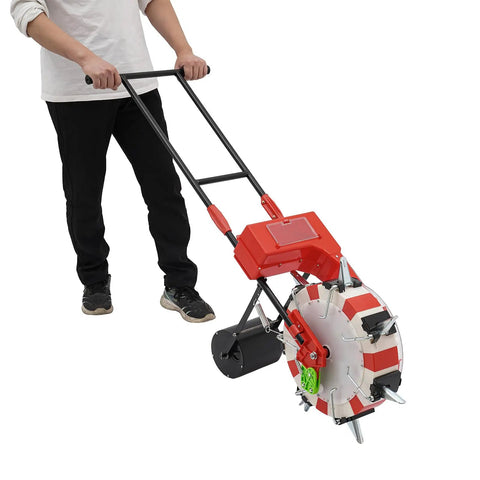 Precise Hand Push Garden Seeder With Seven Nozzles Durable Iron And Plastic Build Includes 8.27L Storage Box displayed