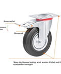 Detailed view of heavy duty rubber swivel caster wheel for furniture with brake feature, whisper quiet movement, scratch free floor protection.