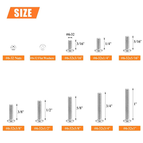 All-In-One 240-Piece Phillips Pan Head Machine Screws Kit With Nuts And Washers Size 6-32 Coarse Thread Fully Threaded 304 Stainless Steel Includes 10 Sizes For DIY Projects, showing various screw sizes and dimensions.